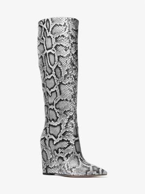 Michaelkors Isra Snake Embossed Leather Wedge Boot