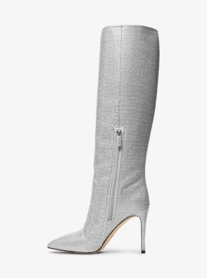 Rue Embellished Glitter Chain-Mesh Knee Boot