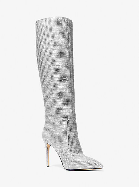 Michael Kors Rue Embellished Glitter Chain-mesh Knee Boot In Silver