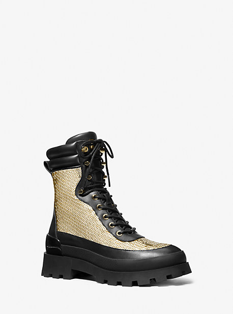 Michaelkors Rowan Embellished Leather Lace-Up Boot,GOLD