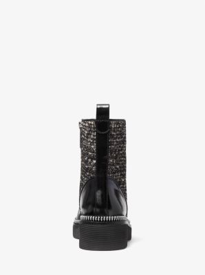 Haskell Crinkled Leather and Metallic Boucl&eacute; Combat Boot