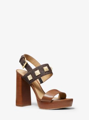 Wren Studded Logo and Leather Platform Sandal in LUGGAGE | Michael Kors