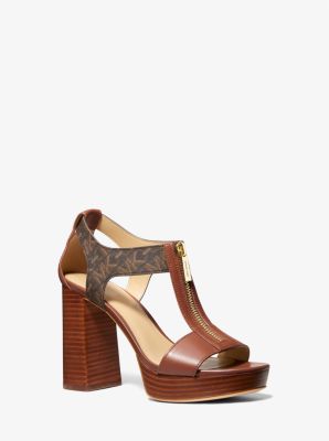 MK Berkley Empire Signature Logo and Leather Block-Heel Sandal - Brown - Michael Kors