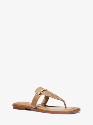 Lena Signature Logo and Leather T-Strap Sandal