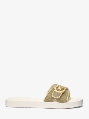 Glitter Chain Mesh Logo Slide Sandal in PALE GOLD | Michael Kors