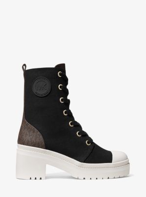 Corey Canvas and Logo Combat Boot in BLK/BROWN | Michael Kors