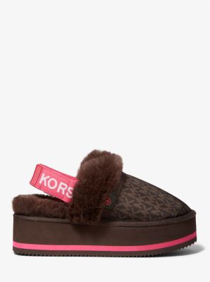 Fifi Signature Logo Nylon and Faux Fur Platform Slipper in BROWN | Michael Kors