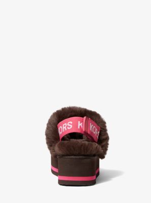 Fifi Signature Logo Nylon and Faux Fur Platform Slipper in BROWN | Michael Kors