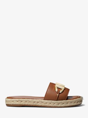 Izzy Logo Embellished Leather Slide Sandal in LUGGAGE | Michael Kors