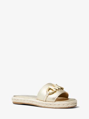 Izzy Logo Embellished Metallic Faux Leather Slide Sandal | Michael Kors