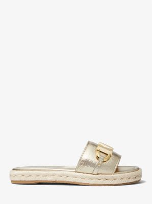 Izzy Logo Embellished Metallic Slide Sandal in PALE GOLD | Michael Kors