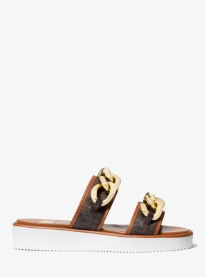 Scarlett Embellished Signature Logo Slide Sandal in BROWN | Michael Kors