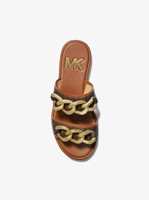 Scarlett Embellished Signature Logo Slide Sandal in BROWN | Michael Kors