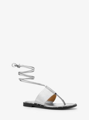 Michaelkors Jagger Metallic Snake Embossed Leather Lace-Up Sandal,SILVER