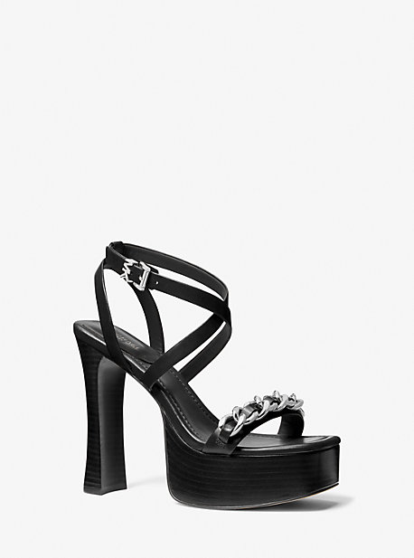Michaelkors Paola Chain Embellished Leather Platform Sandal,BLACK