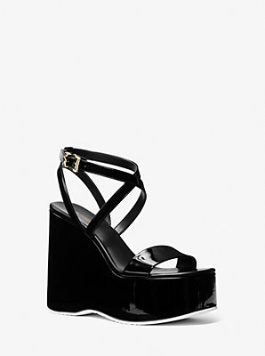 Michaelkors Paola Faux Patent Leather Wedge Sandal,BLACK