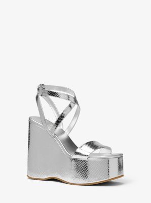 Michaelkors Paola Metallic Snake Embossed Leather Wedge Sandal,SILVER