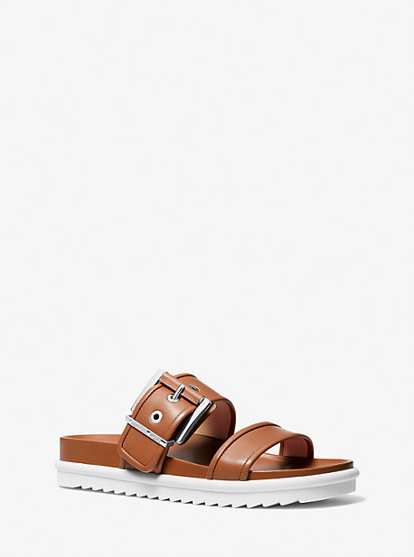 Shop Michael Kors Colby Leather Slide Sandal In Brown