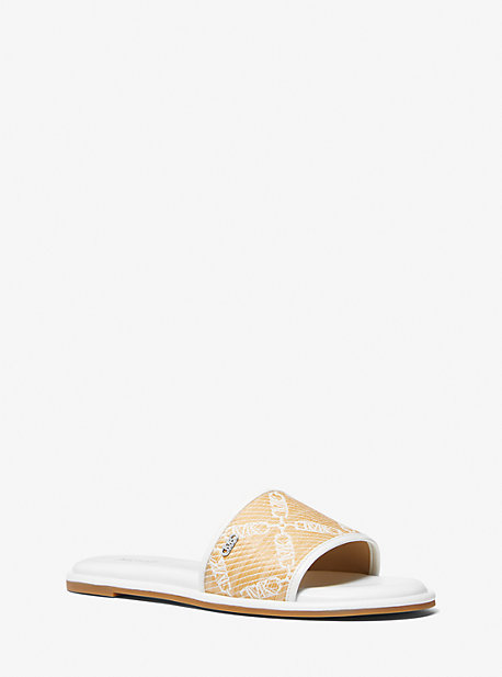 Shop Michael Kors Saylor Empire Logo Jacquard Straw Slide Sandal In Natural