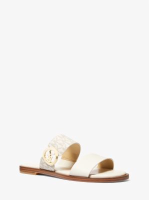 Mk Vera Leather And Signature Logo Slide Sandal - Natural - Michael Kors