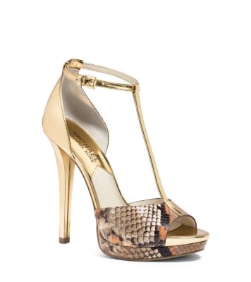 Brenna Patent and Embossed-Leather T-Strap Sandal | Michael Kors