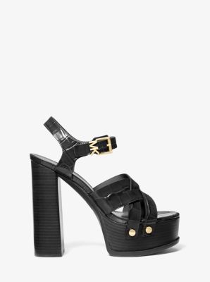 Nora Crocodile Embossed Leather Platform Sandal in BLACK | Michael Kors