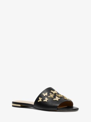 lacey butterfly embellished leather slide sandal