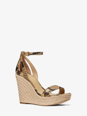 Kimberly Snake Embossed Leather Wedge Sandal in CAMEL | Michael Kors