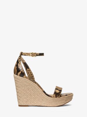 Kimberly Snake Embossed Leather Wedge Sandal in CAMEL | Michael Kors