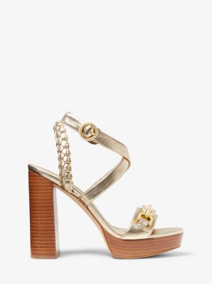 Kailey Logo Embellished Metallic Platform Sandal in PALE GOLD | Michael Kors