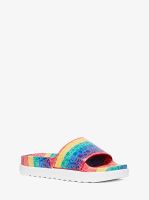 sandals with rainbow logo