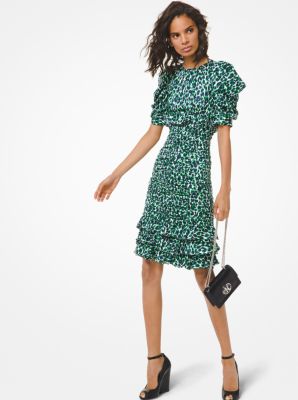 Leopard Satin Jacquard Ruched Puff-Shoulder Dress
