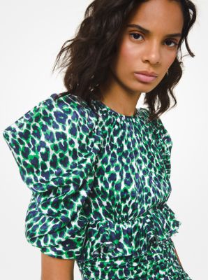 Leopard Satin Jacquard Ruched Puff-Shoulder Dress
