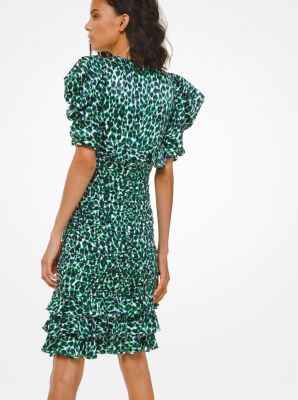Leopard Satin Jacquard Ruched Puff-Shoulder Dress