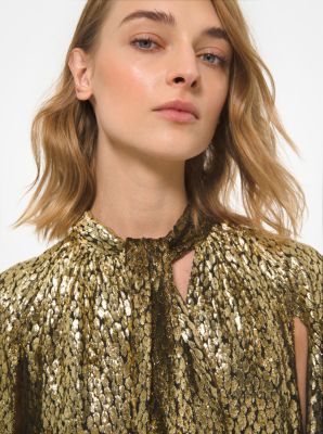 Metallic Leopard Fil Coup&eacute; Tie-Neck Dress