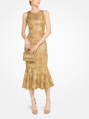 Embroidered Rose Medallion Silk Jacquard Trumpet Dress