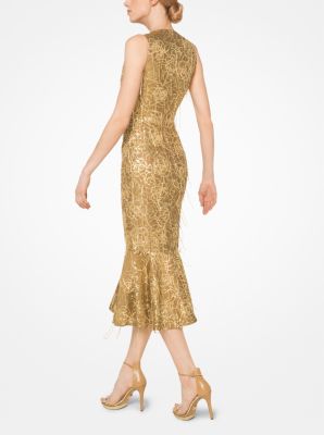 Embroidered Rose Medallion Silk Jacquard Trumpet Dress