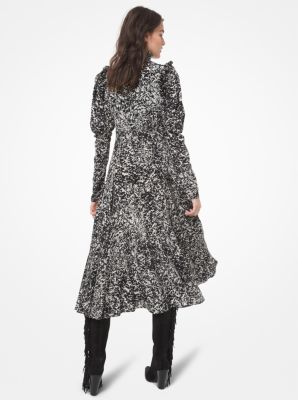 Speckled Pony Print Silk Crepe de Chine Puff-Shoulder Prairie Dress