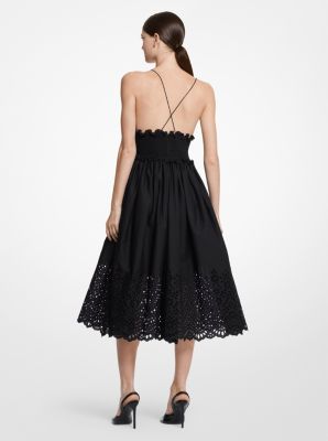 Eyelet Cotton Poplin Smocked Dress in NEGRO | Michael Kors