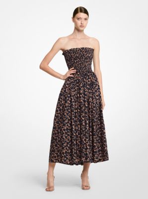 Floral Cotton Poplin Smocked Strapless Dress | Michael Kors