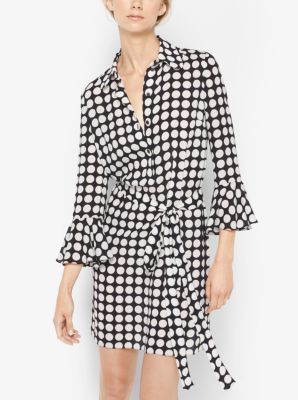 Graphic Dot Bell-Sleeve Silk Dress