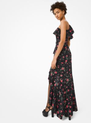 Floral Silk Crepe De Chine Asymmetric Ruffle Gown image number 2