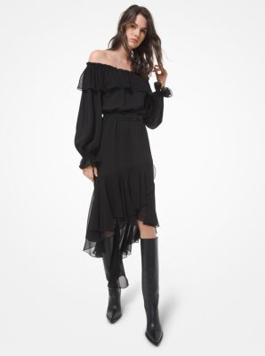 Silk Georgette Off-The-Shoulder Dress in BLACK | Michael Kors