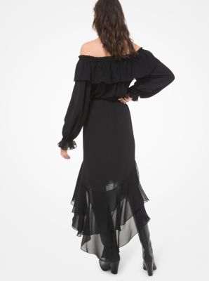 Robe en cr&ecirc;pe georgette de soie &agrave; &eacute;paules d&eacute;nud&eacute;es in NOIR | Michael Kors