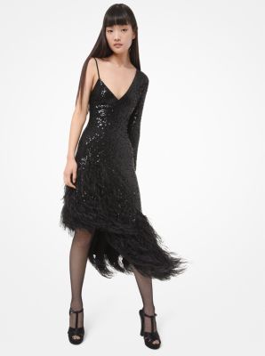 Sequined Stretch Matte-jersey Feather-trim Asymmetric Dress | Michael Kors