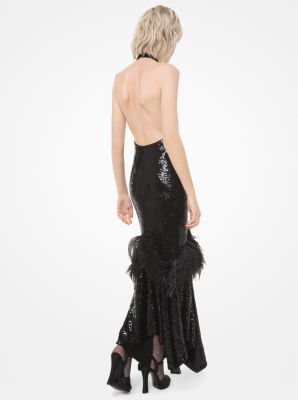 Sequined and Feather Embroidered Handkerchief Halter Dress