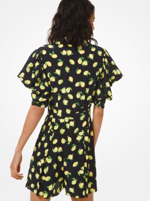 Lemon-Print Crepe De Chine Puff-Shoulder Romper