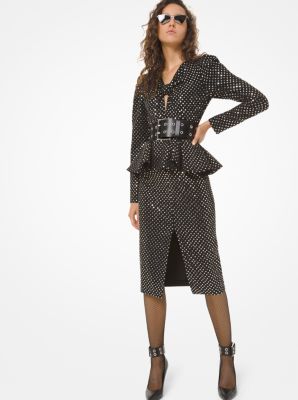 Sequined Stretch Pebble Crepe Peplum Slit-Front Dress