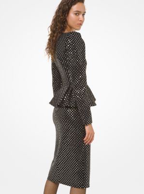 Sequined Stretch Pebble Crepe Peplum Slit-Front Dress