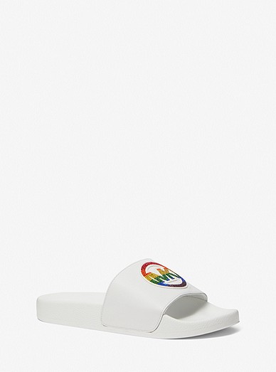 Pride Jake Rainbow Embellished Logo Leather Slide Sandal | Michael Kors